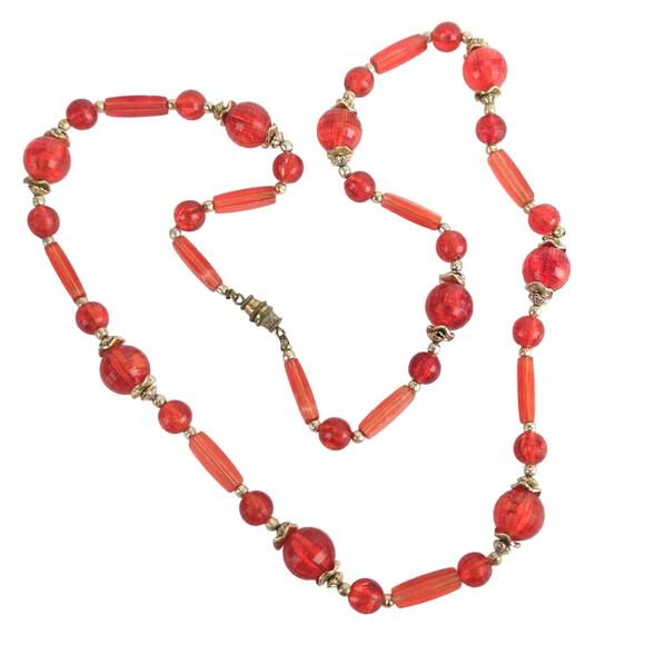 Vtg Mid-Century 24" Red-Orange Lucite Bead Necklace Barrel Clasp Estate Jewelry - Picture 1 of 7